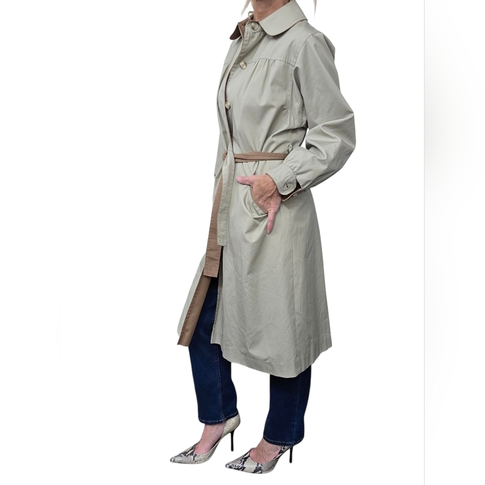 Vintage 80s JCPenney Beige Belted Trench Coat Brown Trim 10P Hong Kong